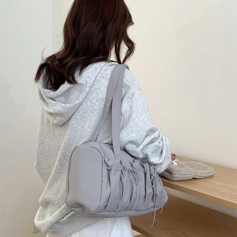 Women Fashion Nylon Shoulder Bag with Pleated Bows Large Capacity Casual Handbag Practical Top Handle Bag for Travel Daily Use Y250730