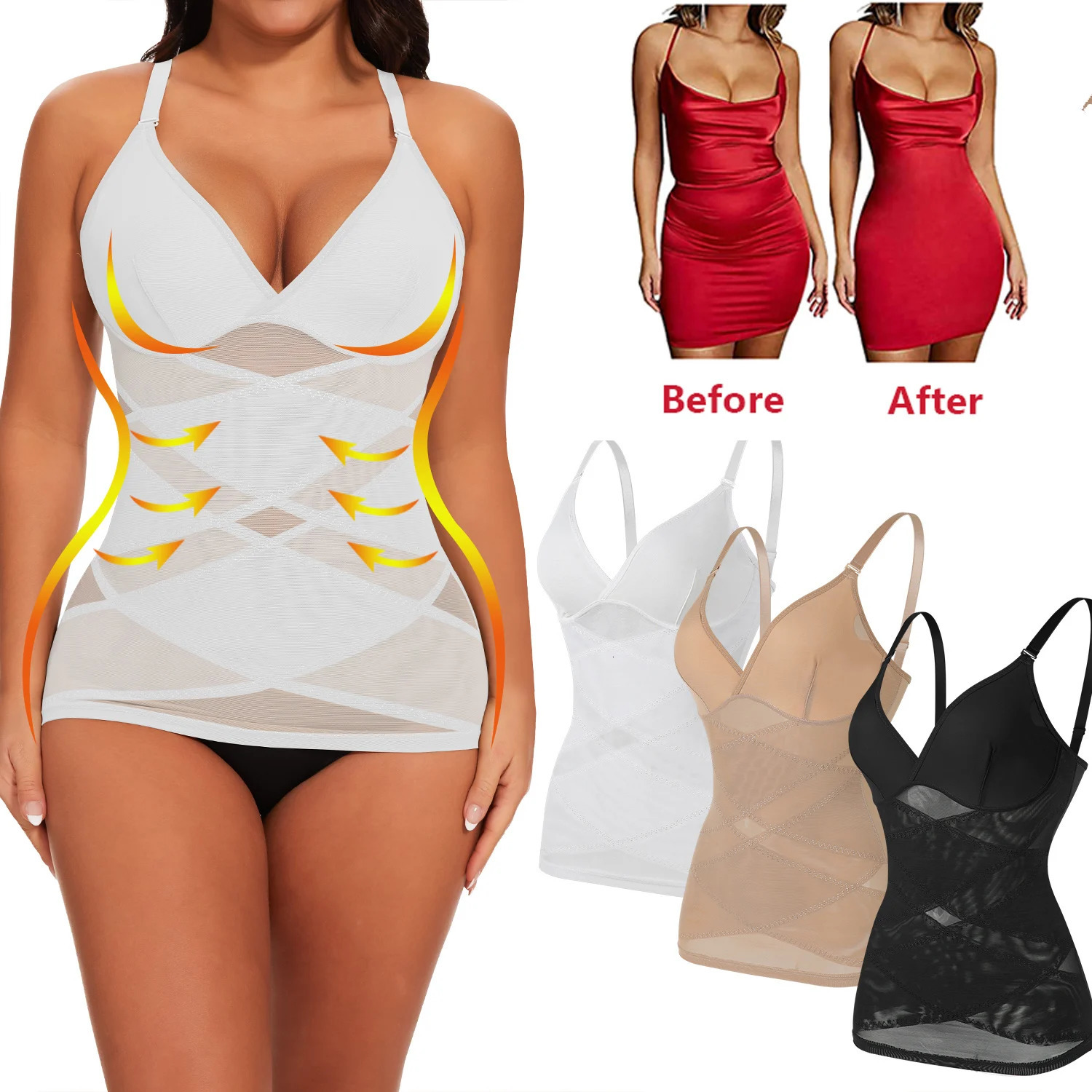 Womens Mesh Body Shaper Tummy Control Shapewear Tank Tops Compression Cami Summer Tops Deep V-neck Camisoles Slimming S-3XL 250726