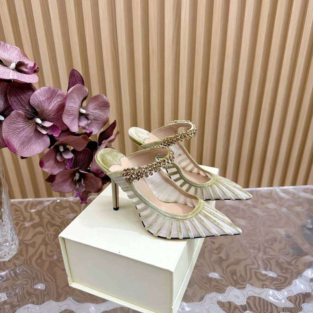 Women Size34-41 Mesh Genuine Leather Slippers Crystals Super High Heels Mules Designer Shoes Zapatillas De Mujer bb1