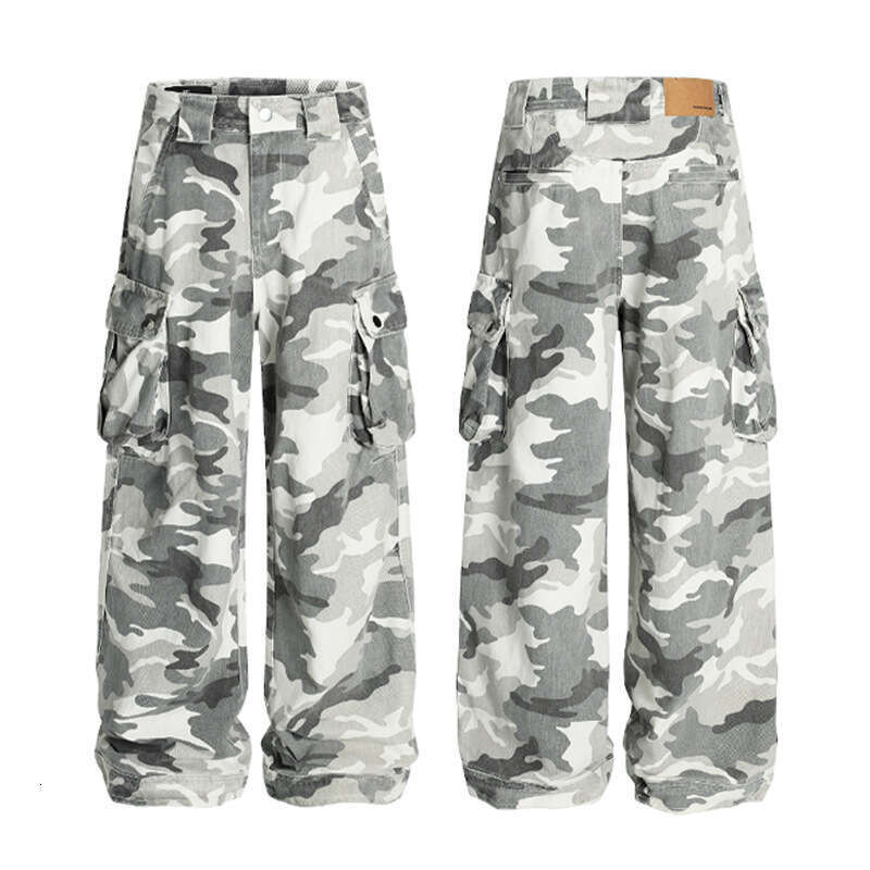 American Camouflage Cargo Washed Vintage Gray White Loose Fit Versatile Trendy Unisex Couple Style Draped Casual Pants B5