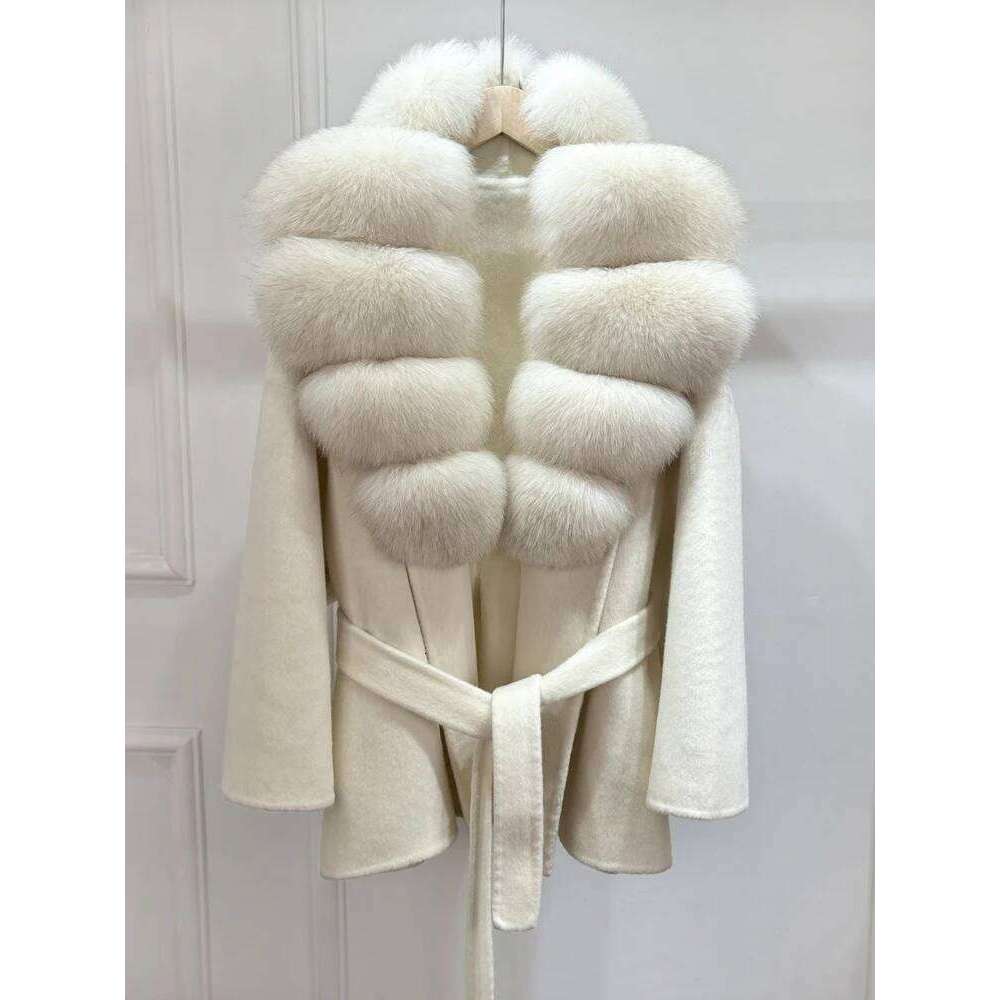 Designer Clothing Janveny Natural Fox Fur Wool Overcoat Autumn Winter Women's Short Loose Woolen Blends Coat Office Lady Elegant Cashmere Jacket 