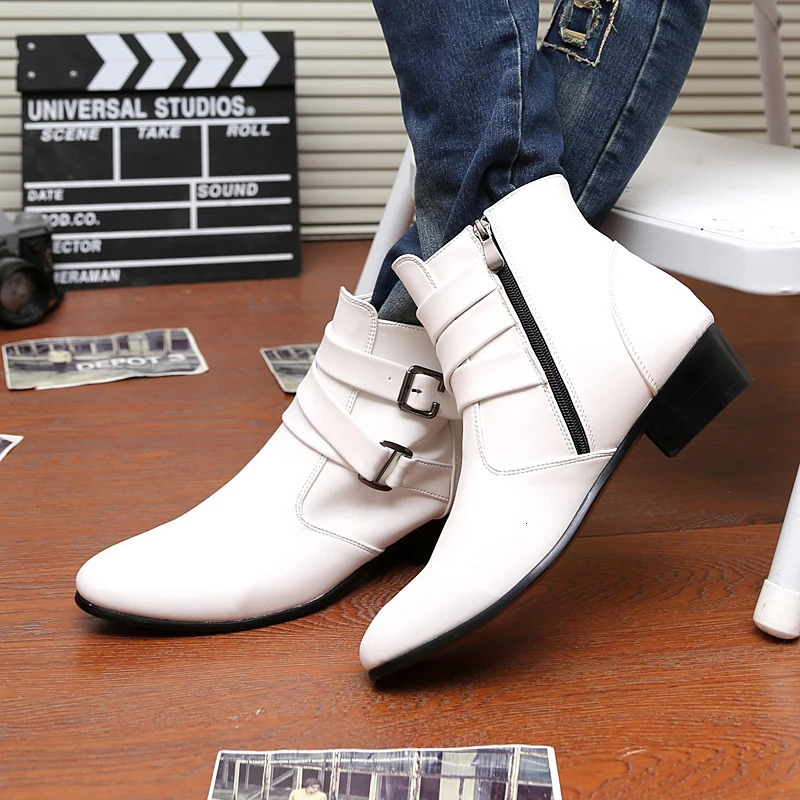 Chelsea Boots Men Pointed -toe Mens White Boots Black British Style High-heel Men Dress Boots n Ankle Boot 250729