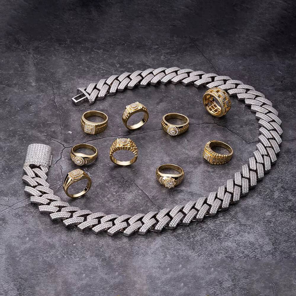 Hip Hop Custom Three Row Stone 22mm 24mm Moissanite Diamond Cz Ice Miami Cuban Link Chain Ice Out Big Chunky Gold Cuban Chain