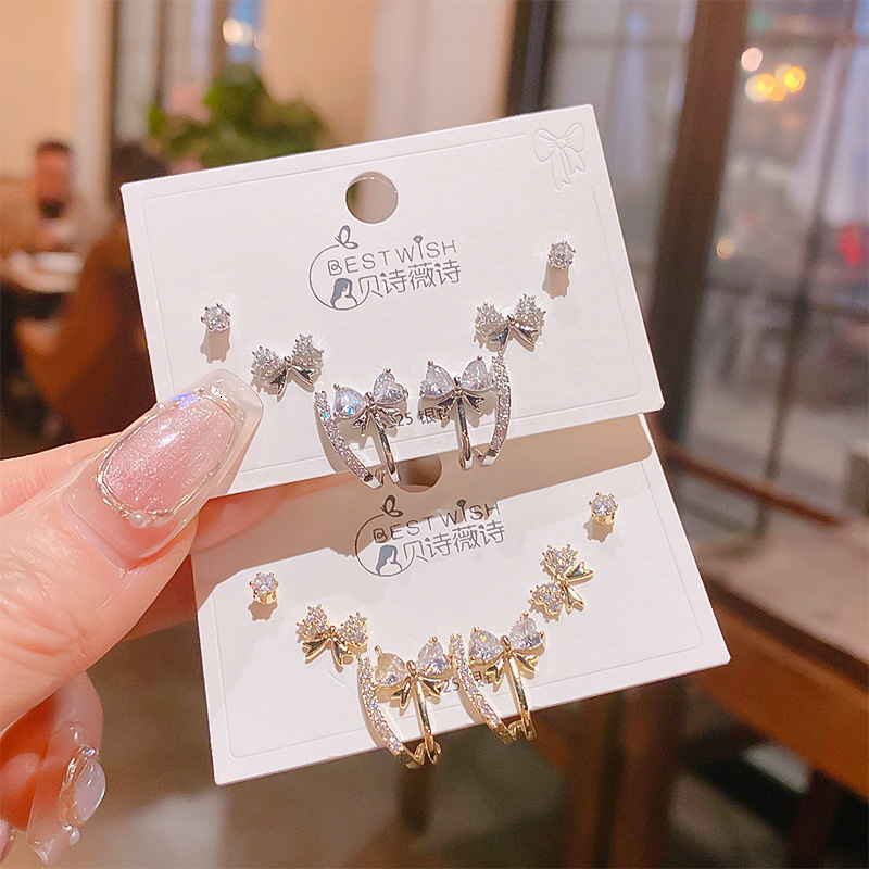 Free Shipping Designer Luxury Jewelry Silver Needle Thick Gold Plated Exquisite Zircon Small Earrings 6-piece Set Three Pairs High-end Fashion Earring