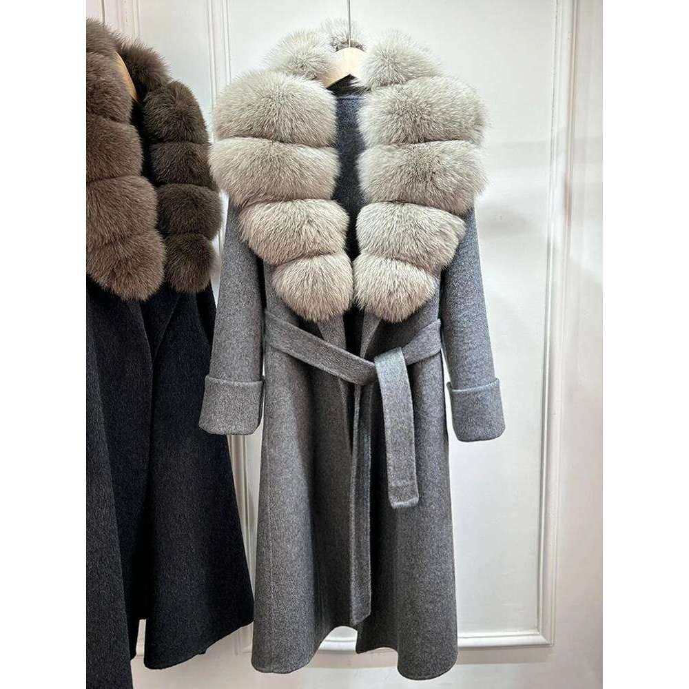 Designer Clothing Janveny Cashmere Double-Sided Woolen Women Removable Natural Fox Fur Jacket Autumn Winter Long Temperament Wool Coat Fashion