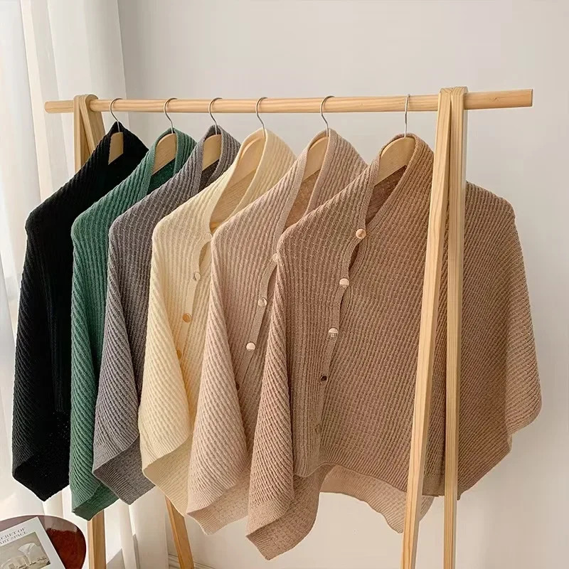 7 Color Autumn Knitted Smock Button Cardigan Style Short Loose Shawl Overall Fashion Ring Used Thin Poncho Capes Wear 250729