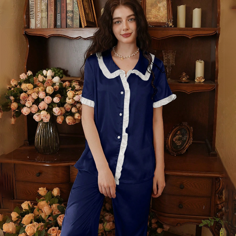 2025 New Women's Spring and Autumn Silk Color Block Lace Short Sleeve Long Pants Pajama Set Homewear
