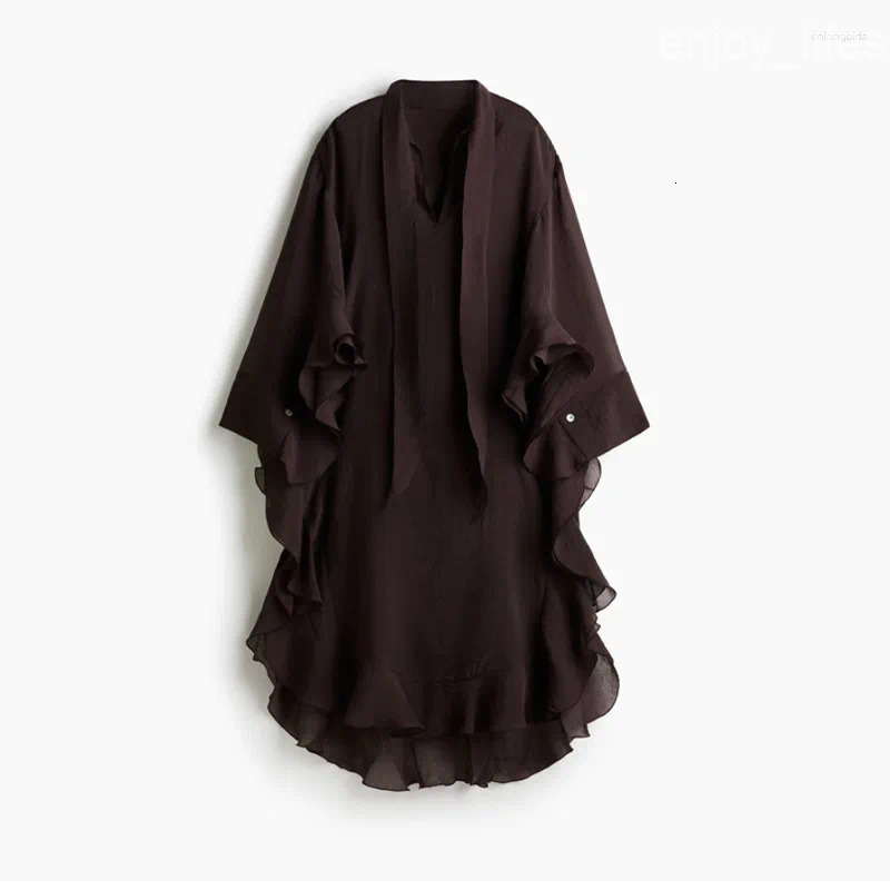Casual Dresses Fashion Solid Patchwork Ruffle Hem Long Dress For Women Loose Full Sleeve V-neck Maxi Lady 2025 Summer Vacation Vestidos
