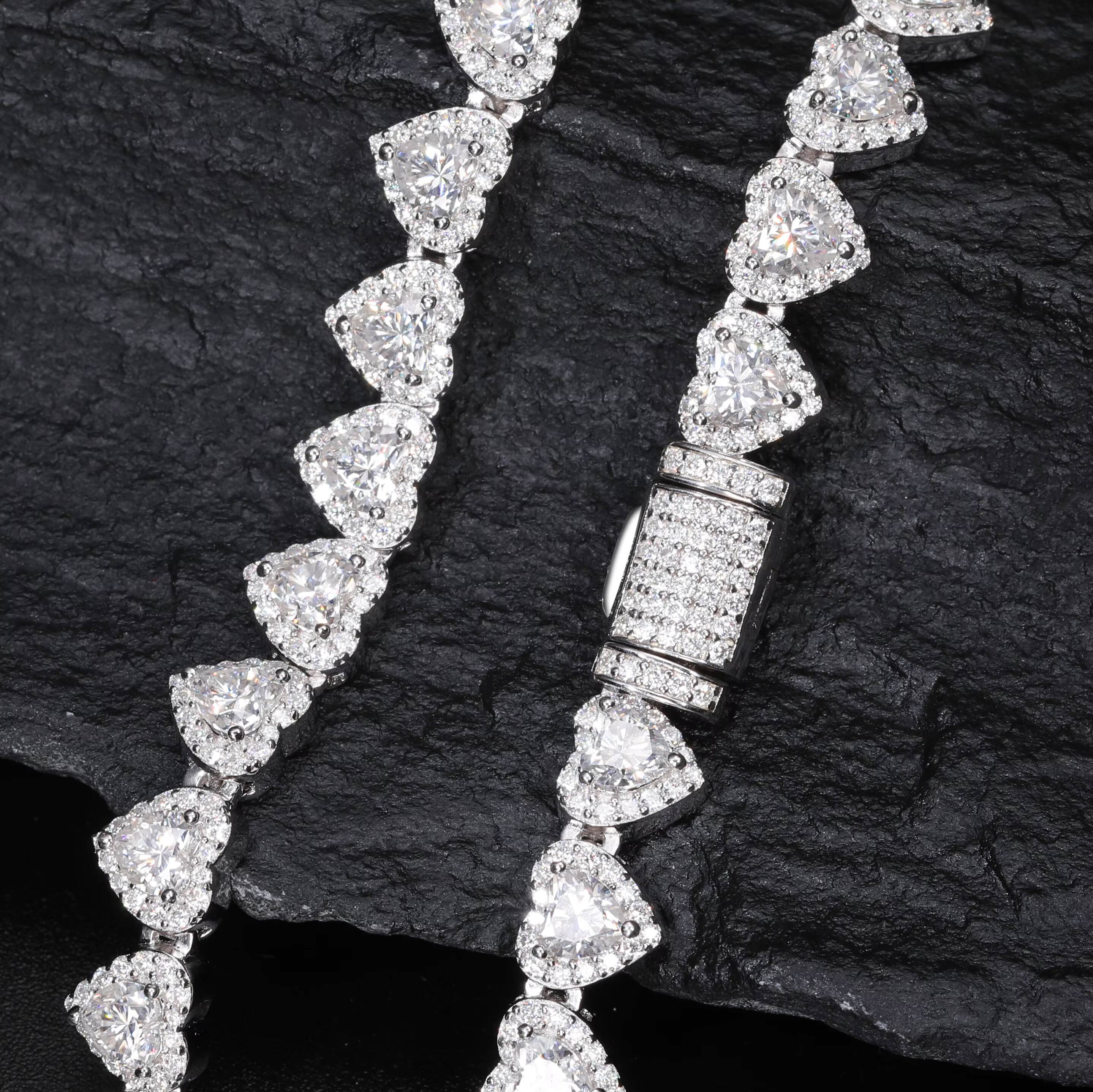 Bling Hip Hop Jewelry Wholesale 7mm 925 Sterling Silver Heart Cut VVS Moissanite Diamond Iced Out Tennis Chain Necklace
