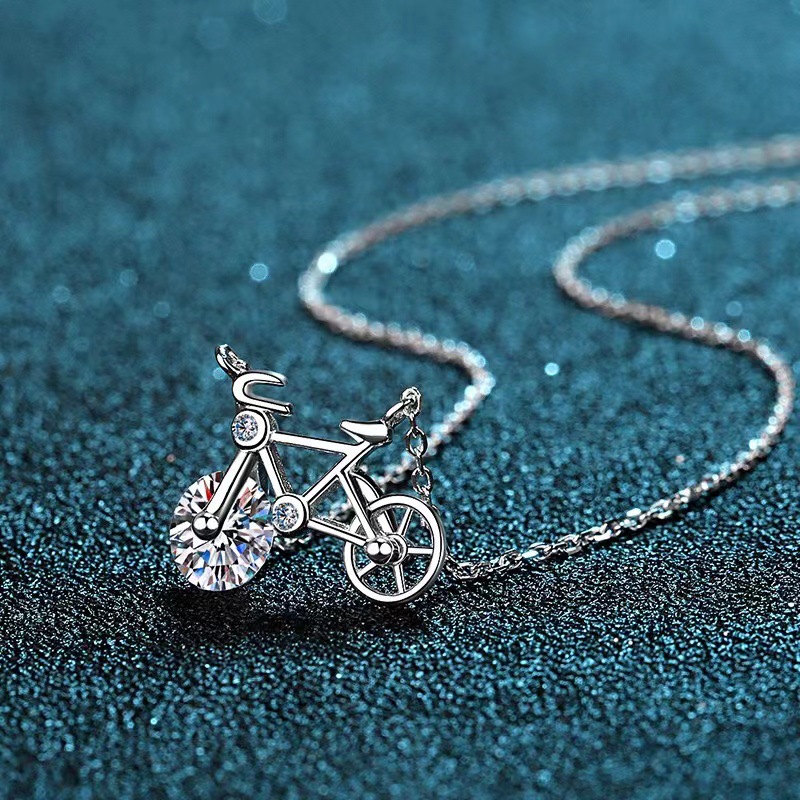 S925 Sterling Silver Pendant with Genuine Moissanite - Elegant Womens Bike Charm Necklace