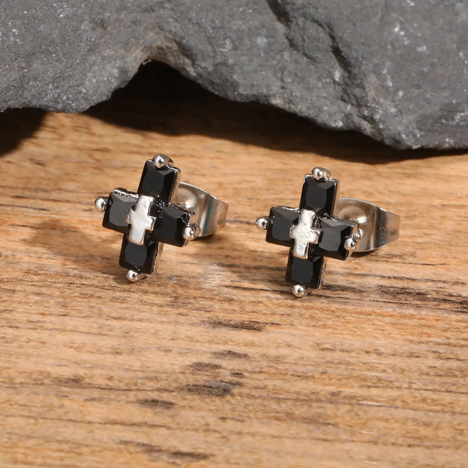 Cross Zircon Stud Earrings for Men BoysHip Hop Black White CZ Stone Metal EarringTrendy Jewelry Gifts 250729