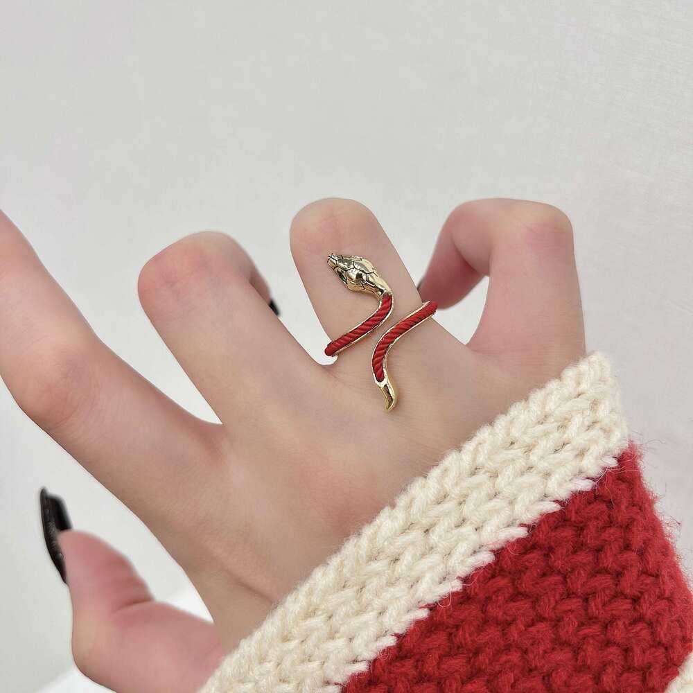 Festive Red Rope Zodiac Snake Open Birth Year Fortune Index Finger Design New Chinese Style Ring 8c4