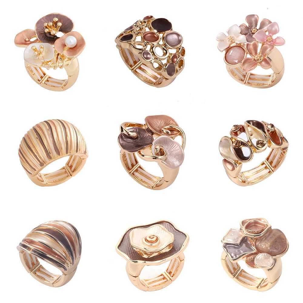 Fashion Drip Oil Geometric Flower Rings for Women Accessories Trendy Elastic Adjustable Wide Gold Color Ring Party Jewelry Gift y250730