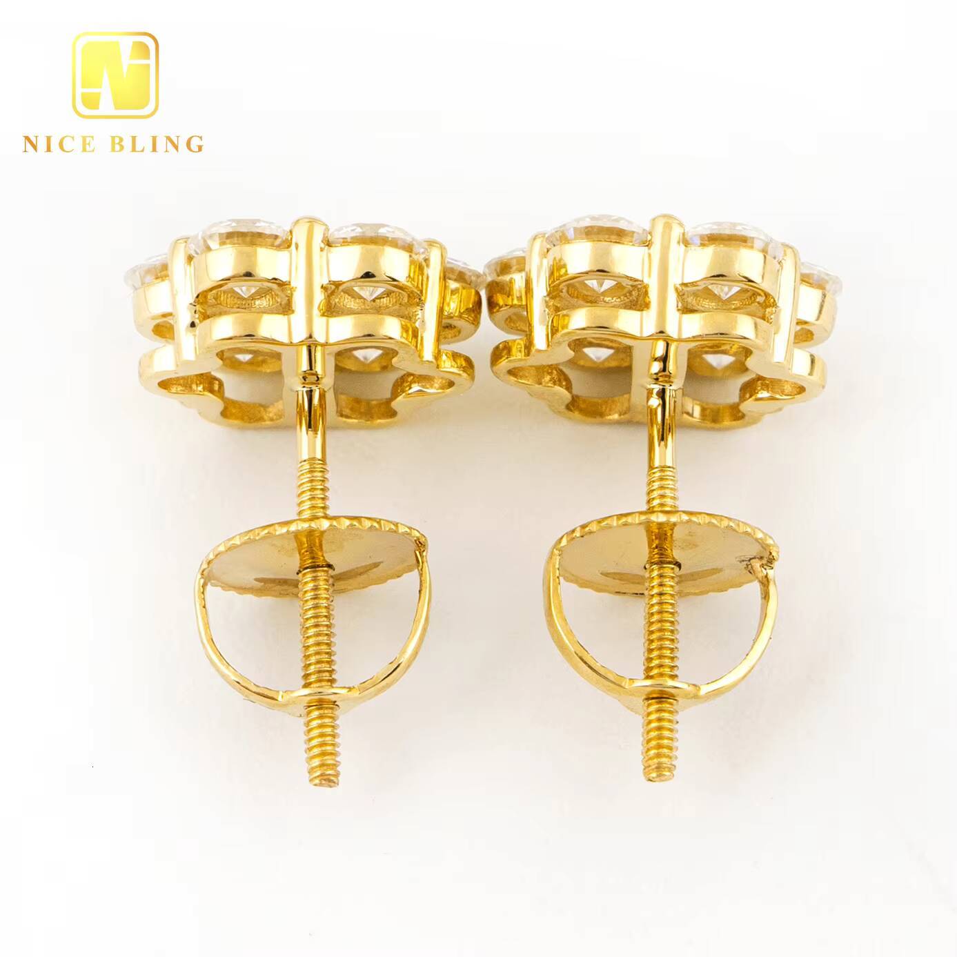 Ready to Ship Flower Shape 10K Solid Gold with Moissanite Diamond Vvs Mens Earrings Gold Stud Earrings