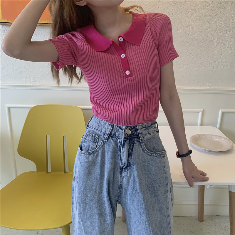2025 Women's S Retro Short Sleeve Collar Slim Fit Versatile Fine Stripe Ice Silk Knitted Shirt Slim Fit Women's New Designer T-shirt