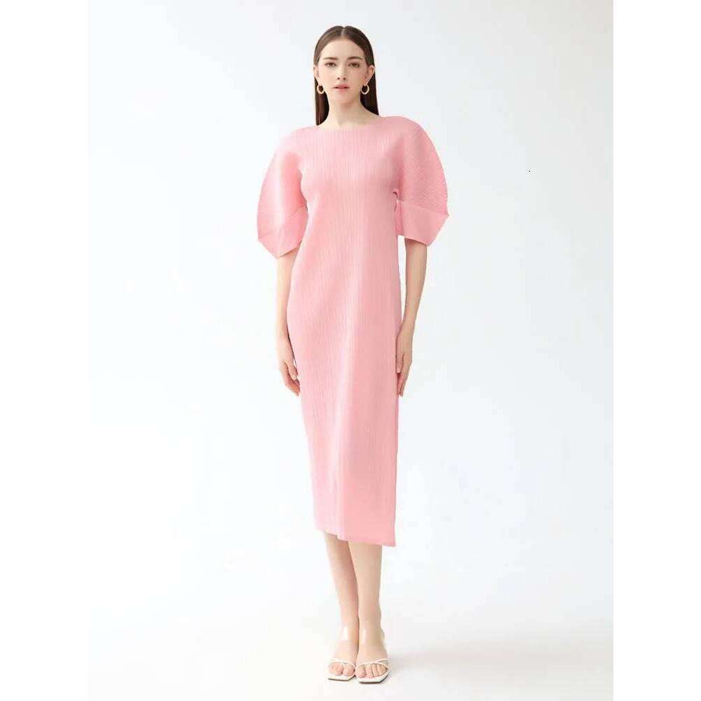 Miyake Pleated Short Sleeve Women Summer New Korean Fashion Solid Color Casual Round Neck Slim Fit Long Dress