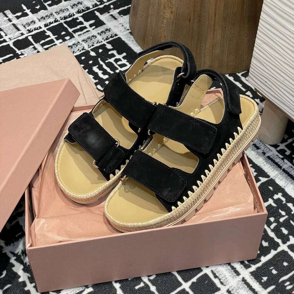 Women Size35-41 Natural Cow Suede Sandals Flat Platform Weaving Summer Flats Hook Loop Designer Shoes Zapatillas De Mujer 591