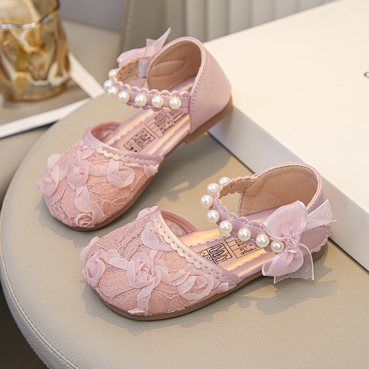 Girls Pink Lace Princess Shoes Pearl Trip Strap Bow Sweet Flower Sandals