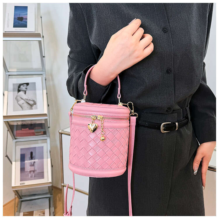 Women Woven Cylinder Trendy Fashion Handheld Commute Single Shoulder Crossbody Mini Bucket Bag