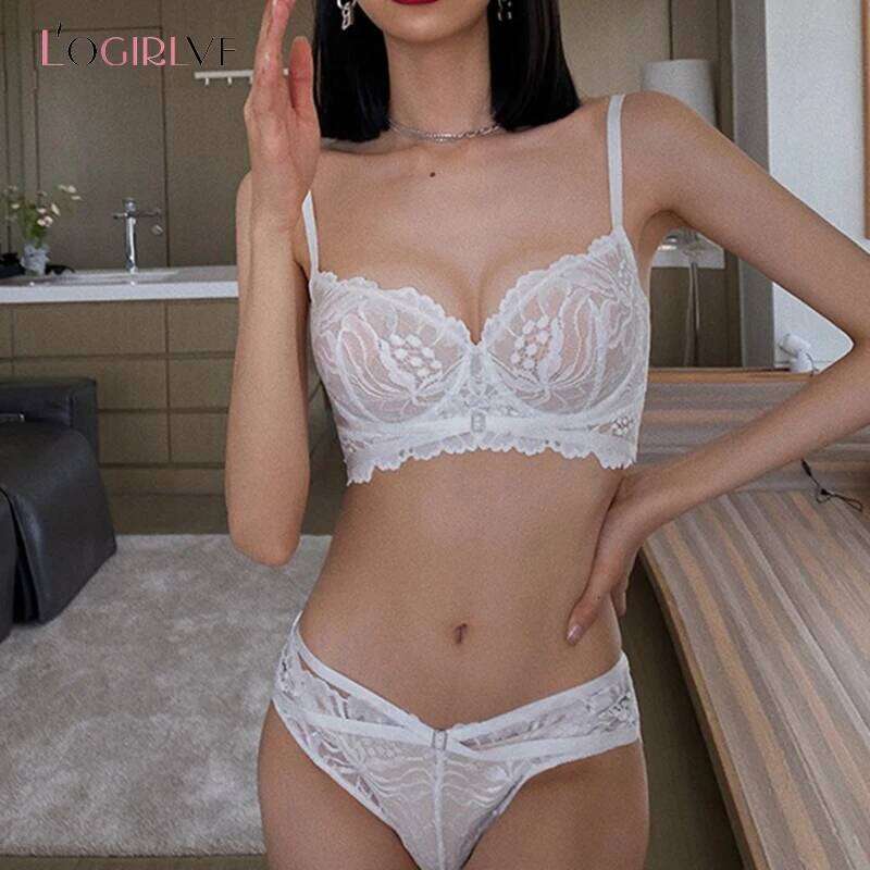 Logire Bra Push Up Brassiere Embroidery Lace Underwear Set Sexy Ultrathin Transparent Panties For Women underwear