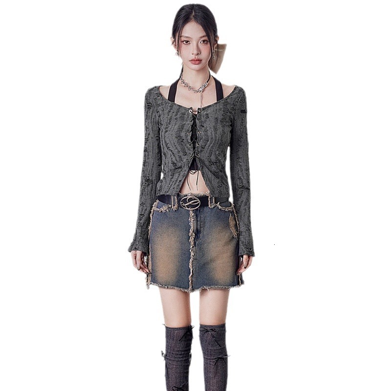 2025 European and American wasteland style fake two-piece camisole tie long sleeved T-shirt spicy girl top women's clothing new designer T-shirt