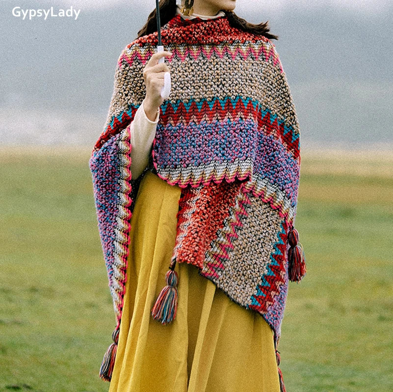 GypsyLady Vintage Boho Cloaks Capes Top Red Women Autumn Winter Floral Knitted Poncho Capes Tassels Chic Cloak Poncho Outwear 250729