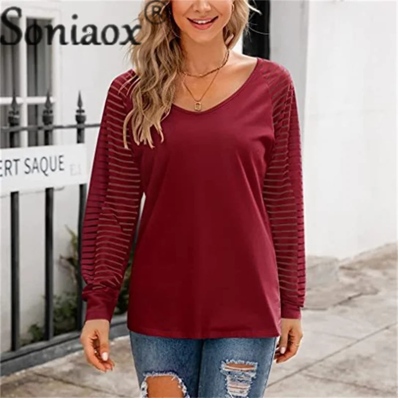 Fashion Seethrough Striped Long Sleeve TShirt Female Autumn Loose V Neck Pullover Tops Women Solid Color Casual Tees w250729