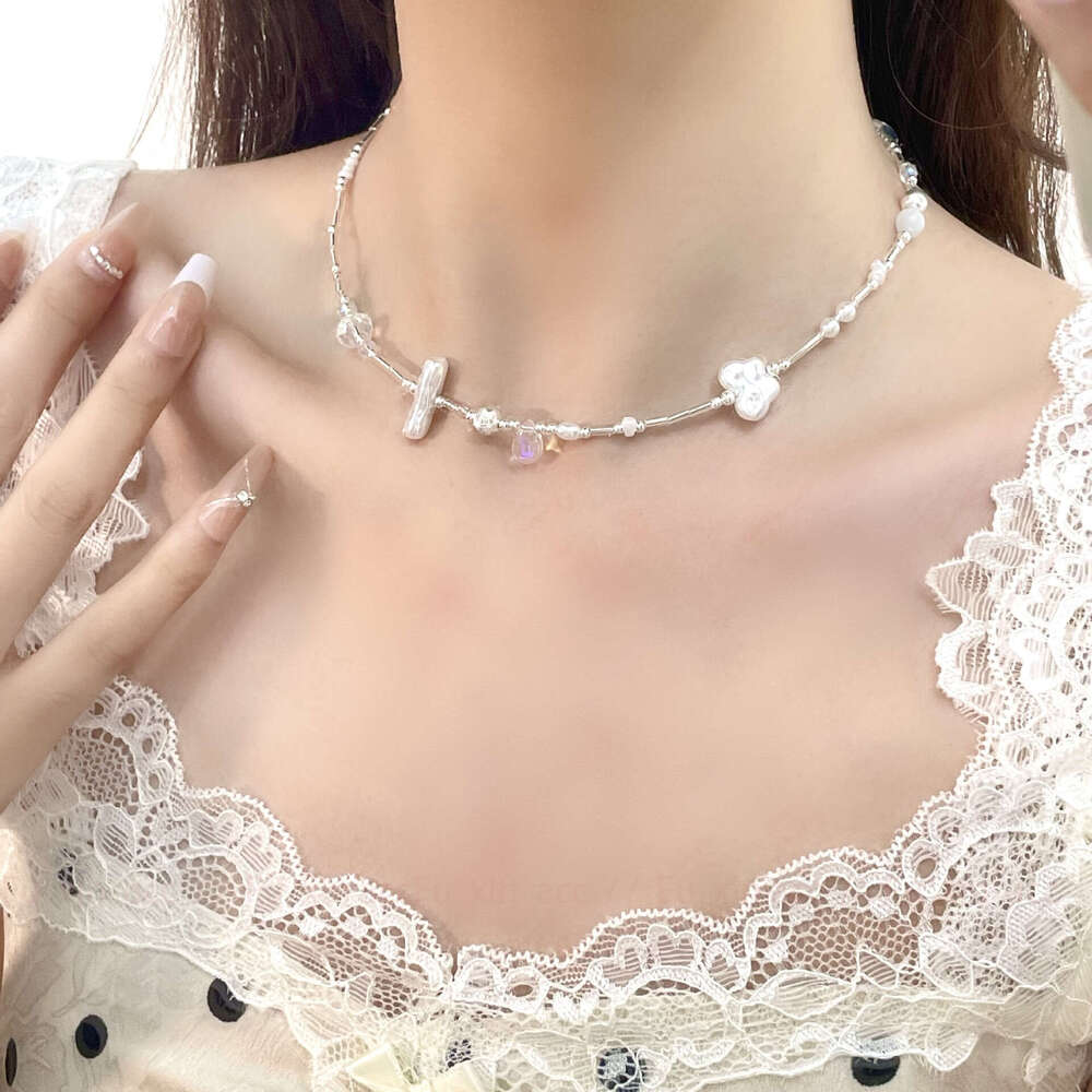 Girlish Irregular Pearl Fragment Sier Necklace for Women, Light Niche Design, Elegant Simple High-end Clavicle Chain 9a5