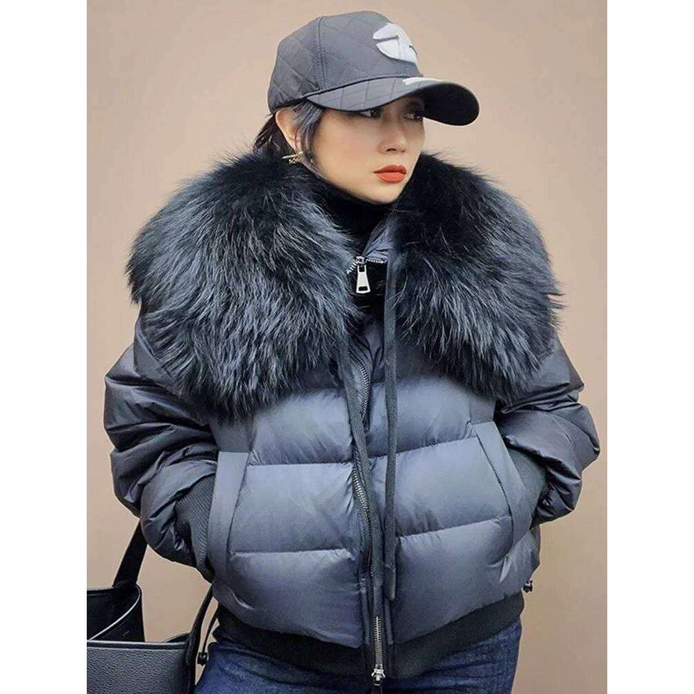 Winter Puffer Jacket Women Large Real Raccoon Fur Collar Short Female Parkas Thick Warm 90% Goose Down Coat Loose