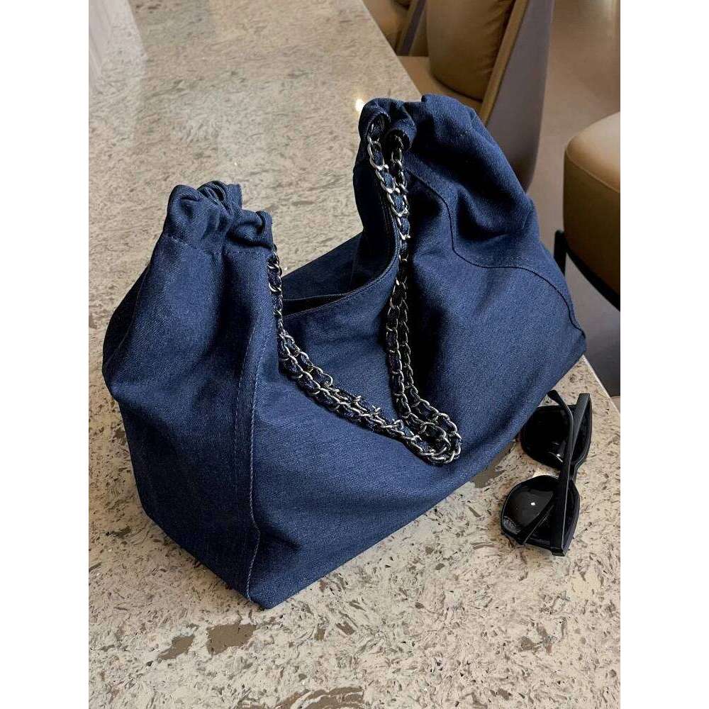 Large Capaci Commuter Women's Bags 2024 New Faion Denim Chain Tote Spring Summer Feel Single oulder Bag Soft Handle