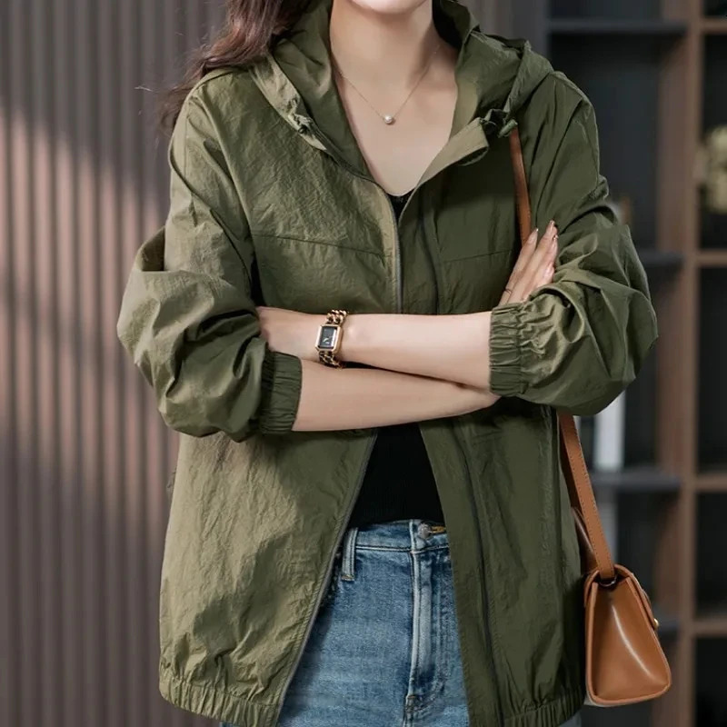 Spring Autumn Thin Women Jackets Casual Short Coats Long Sleeve Solid Hooded Windbreaker Loose Fashion Sunscreen Outwear 250728