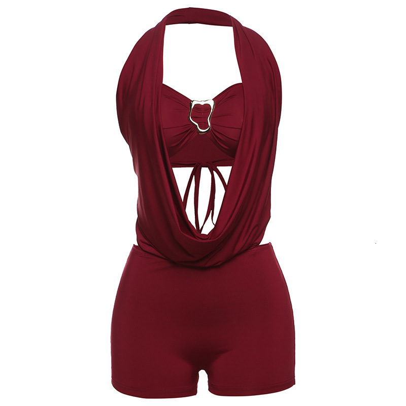 2025 Summer New Fashion Solid Color Strapless Tie Halter Top Tight Short Set for Women