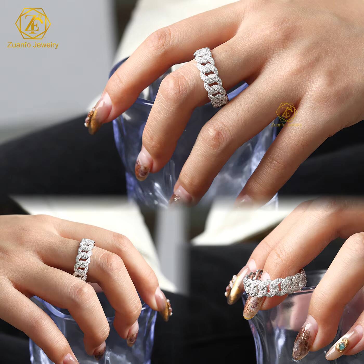 RTS Fashionable Wholesale Hip Hop Rhinestone Chain Ring Jewelry Moissanite Diamond 7mm Cuban Link Chain Band Ring for Men