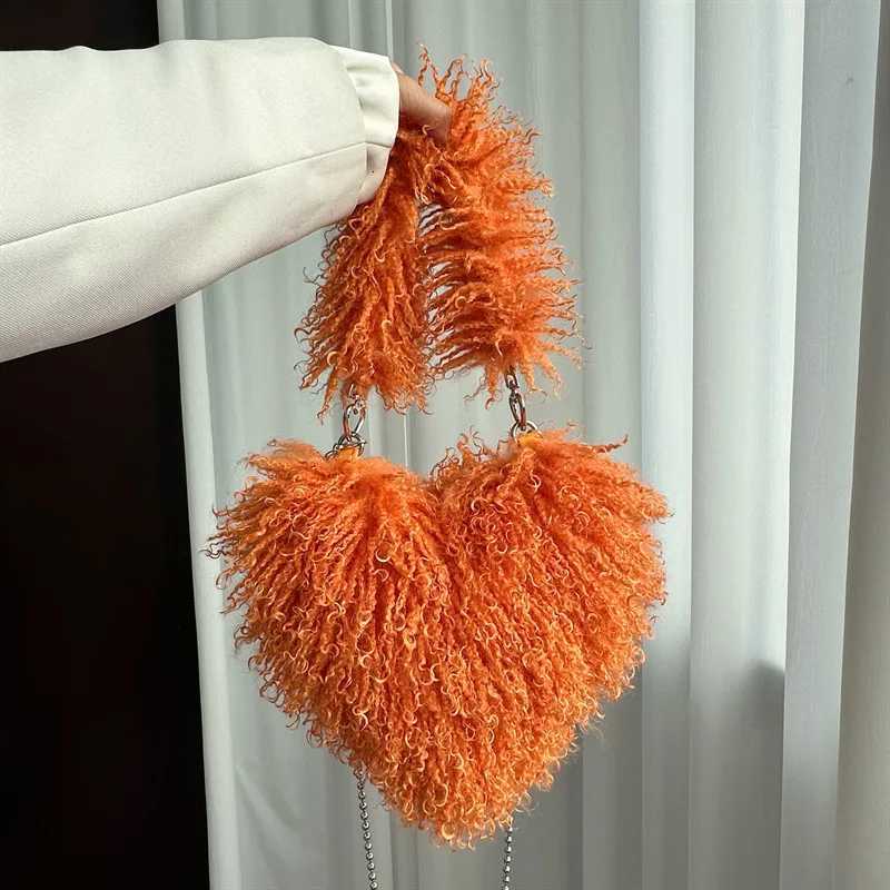 Faux Natural Fur-Ever Mongolian Furry Fur Heart Shape Oversized Tote Bags For Women Handbags With Long Shoulder Fur Straps G250729