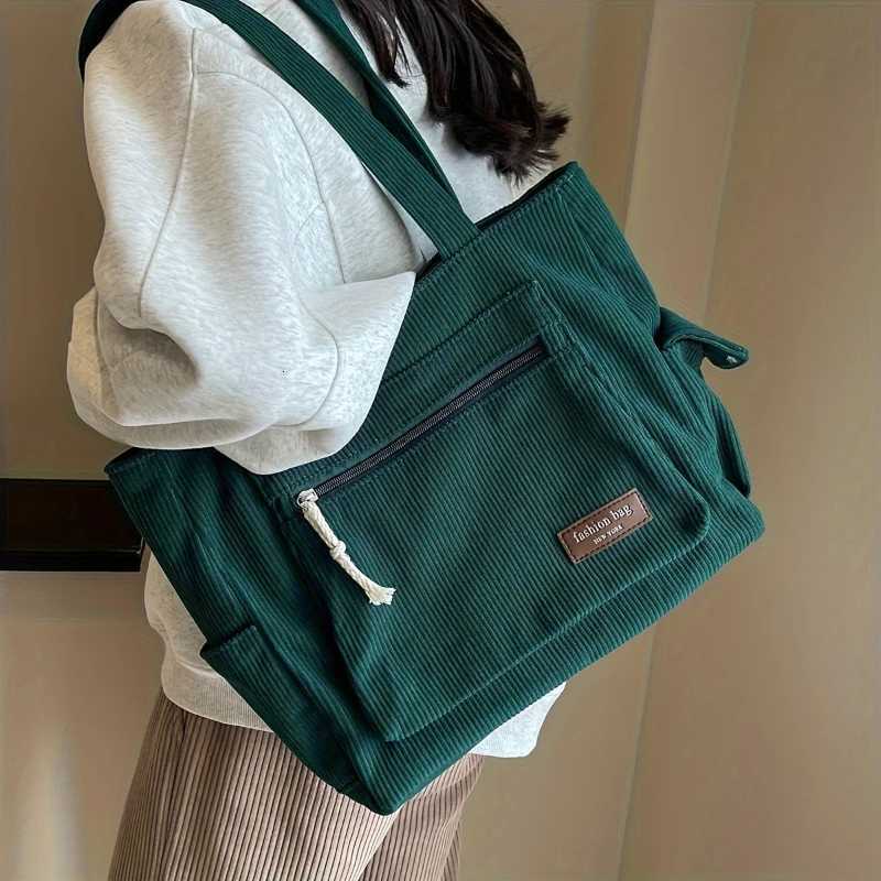 Simple Corduroy Tote Bag Solid Color Shoulder Bag Multi Pockets Handbag For School Work Shopping Y250730