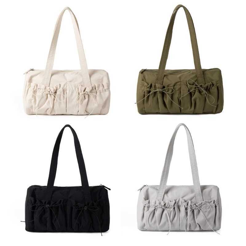 Women Fashion Nylon Shoulder Bag with Pleated Bows Large Capacity Casual Handbag Practical Top Handle Bag for Travel Daily Use Y250730