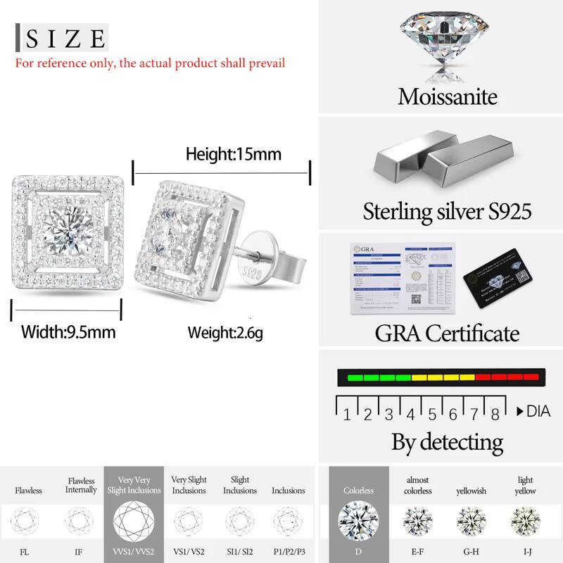 2025 Hot Selling Jewelry 925 Sterling Silver Vvs Moissanite Diamond Hollow 2 Layers Sparkling Square Earrings