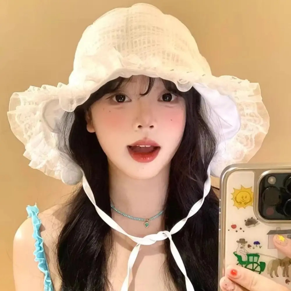 French Summer Lace Bucket Hat White Lolita Fisherman Hat Wide Brim Thin Visor Basin Cap Girls 250724