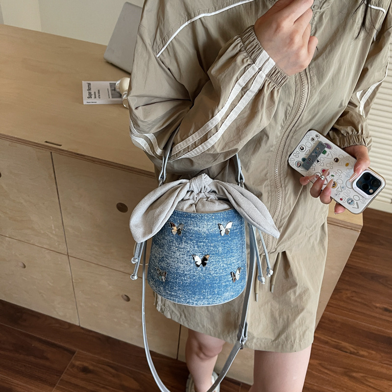 Niche Design Denim Bucket 2025 New Trendy Versatile Fashion Butterfly Single Shoulder Crossbody Bag Handbag ddmymoon