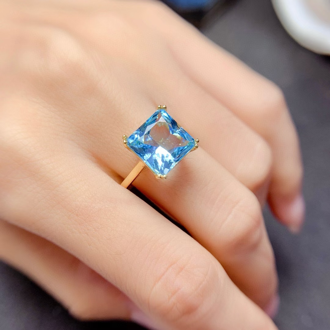 Pure Light Blue Natural Topaz Ring 8mm*10mm 3ct London Blue Topaz 925 Silver Ring 18K Gold Plated Genuine Topaz Jewelry for Daily Wear