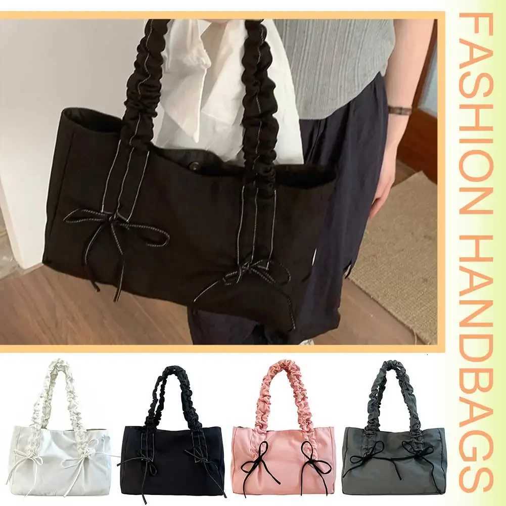 Women Nylon Tote Bag Fashion Shoulder Bag Large Capacity with Bow Trendy Messenger Bag Pleated Shoulder Strap Chic Hobo Bag Y250730