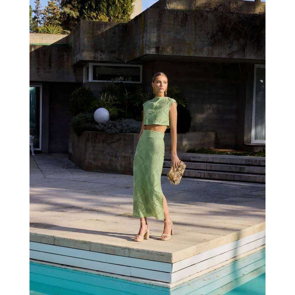 new TRAF women's elegant and gentle hollow embroidery round neck jacket & high waist slit skirt fashion casual suit