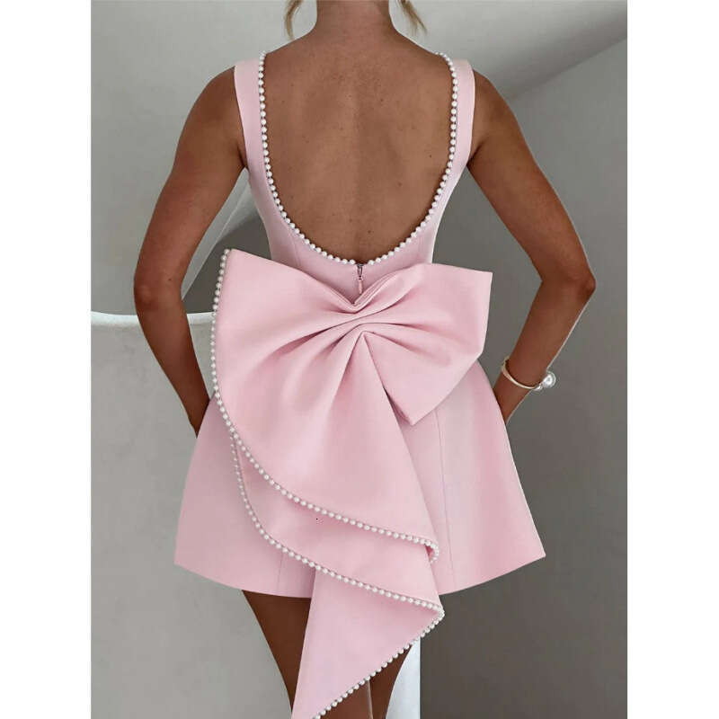 Summer Women's Pearl Bow Fashion Slim Short Backless Hot Girl A-line Dress