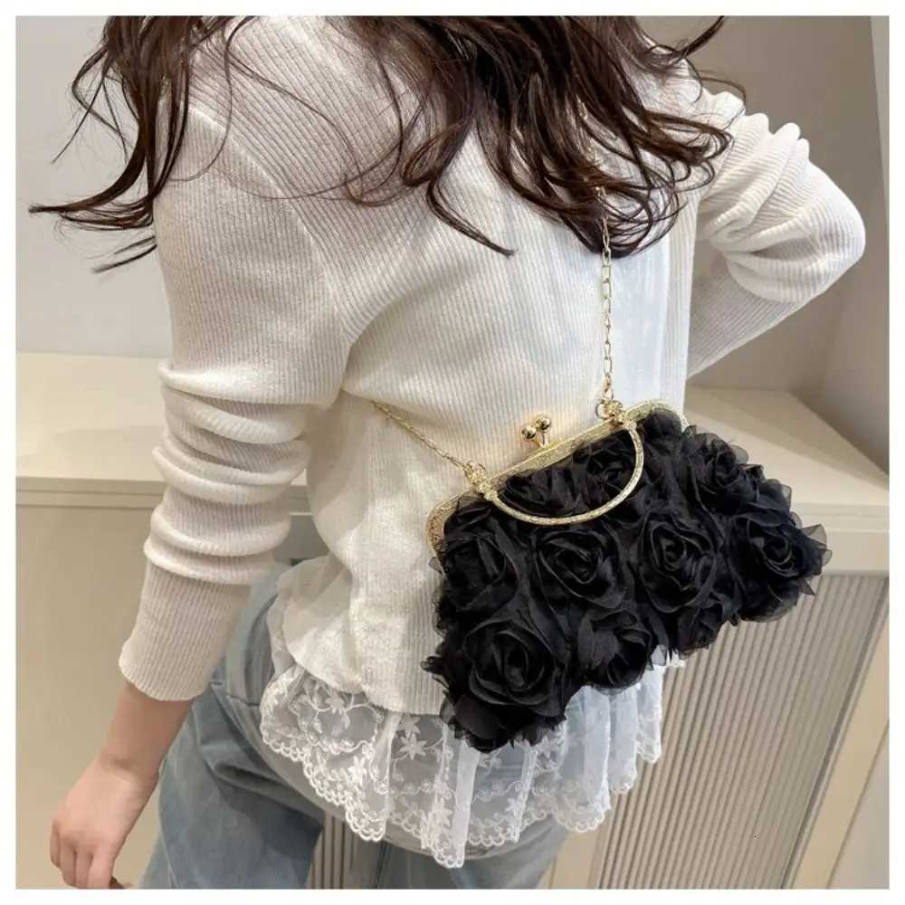 Polyester Fiber Evening Bags Chiffon 3D Flower Banquet Bag Chain Clutch Handbag Women Y250730