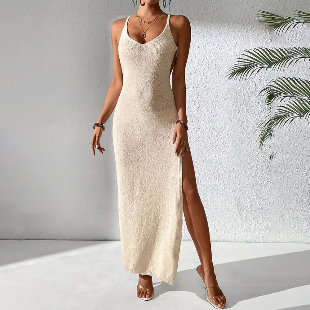 New Sexy Hollow Out Hot Girl Slim Fit See-through Slit Strap Dress Knitted Cover-up Dress for Women