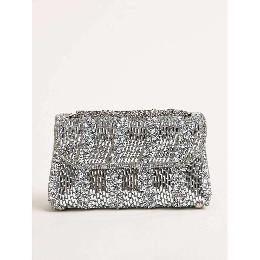 1PC Sier Square Bag,Glitter Bling,Shiny Glamorous,Elegant,Exquisite Big Rhinestone Chain Decor Shoulder Evening Bag, Top Two-w