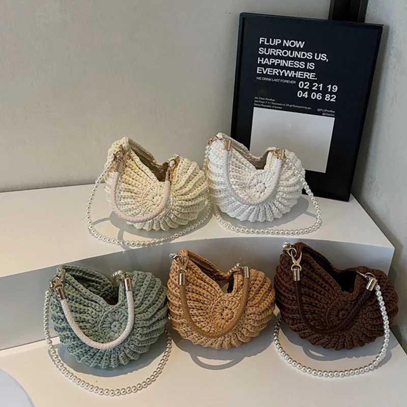 Conch Shell Knit Crochet Crossbody Shoulder BagPearl Chain Handmade Woven Women Sling BagElegant Delicate Cute Compact Purse Y250730