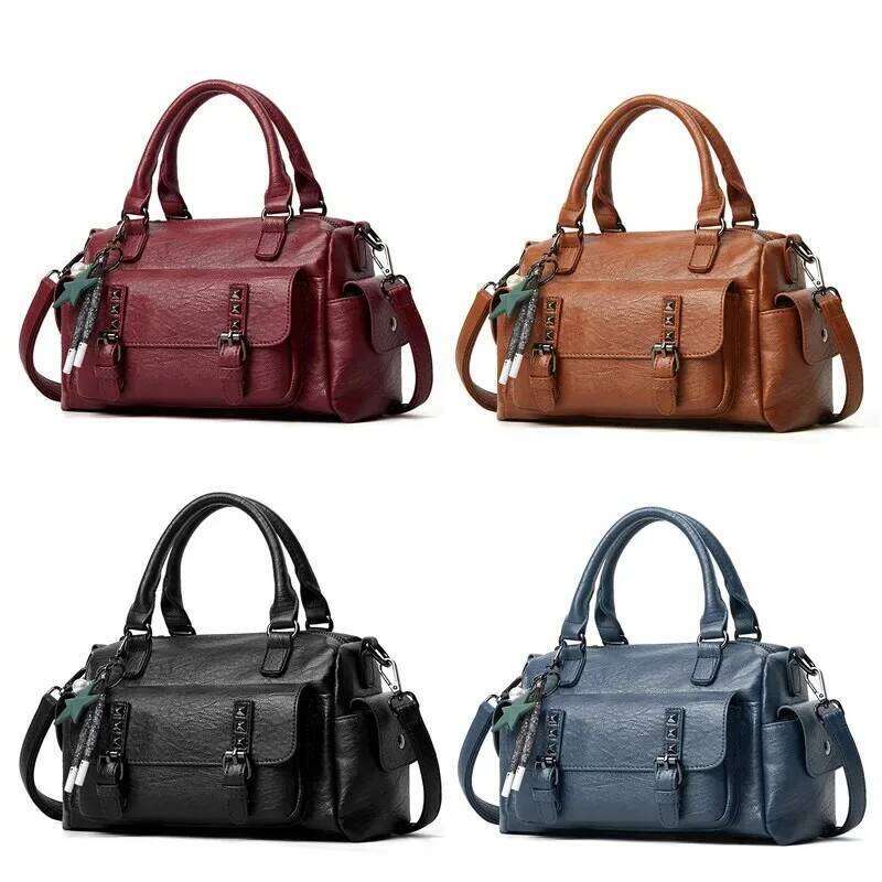 Vintage Multi-Pocket Design Leather Bolton Handbag with Pendant Tote Women's Shoulder Bag OLOEY