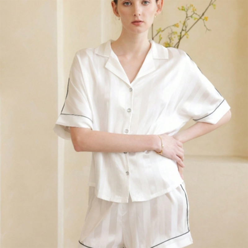 2025 New Women's Spring/Summer Silk Satin Striped Simple Short Sleeve Short Pants Pajama Set Homewear