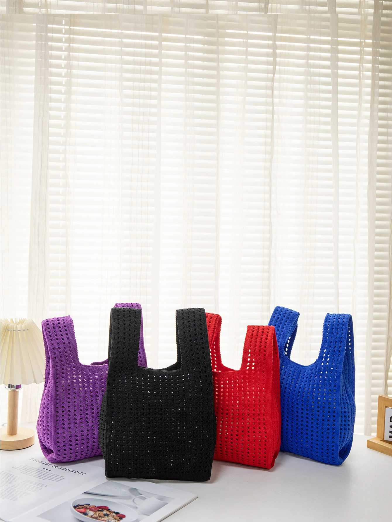 Handmade Knit Handbag Women Mini Knot Wrist-bag Female Casual Color Wide Stripe Plaid Tote Bag Student Reusable Shopping Bag G250729